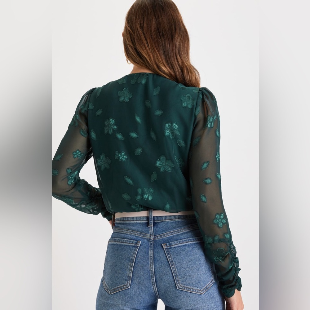 Lulus Charming Purpose Emerald Green Floral Jacquard Surplice Bodysuit Small NEW - Picture 2 of 4